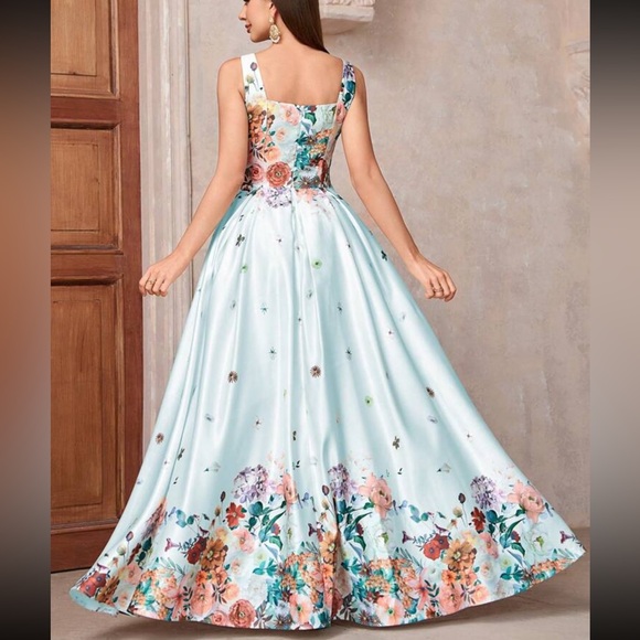 Luxe floral print square neck zip up back party portal gown dress - Picture 4 of 6